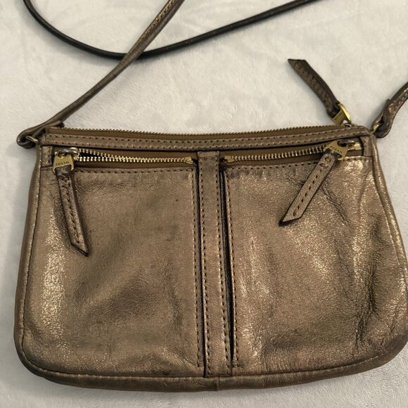 Fossil Erin Small Top Zip Metallic Bronze Rose Gold Crossbody Purse Shoulder Bag - Picture 6 of 10